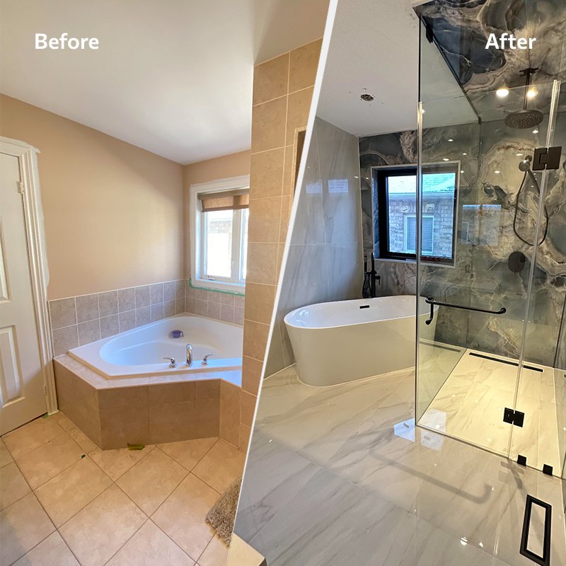 Before and after of a master bathroom remodel.