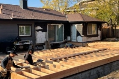 Framing in progress for a house addition in San Jose