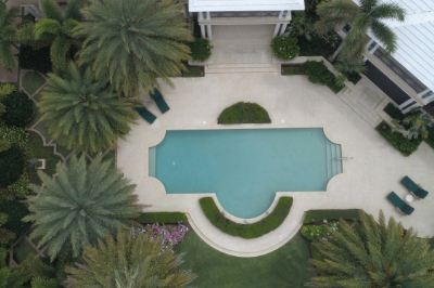 Aerial view of a luxurious backyard with a large swimming pool surrounded by lush landscaping and palm trees.